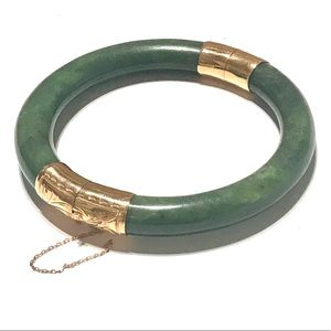 14 K Gold Natural Green Jade Bangle
